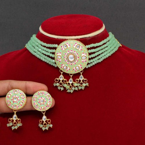 Pista Green Color Kundan Meenakari Necklace Set