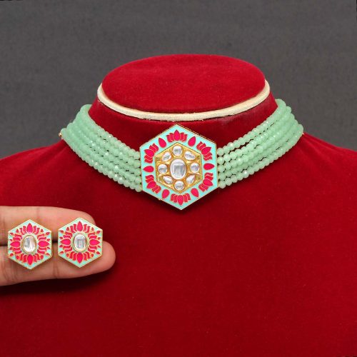 Pista Green Color Kundan Meenakari Necklace Set