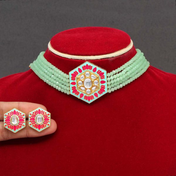 Pista Green Color Kundan Meenakari Necklace Set-0