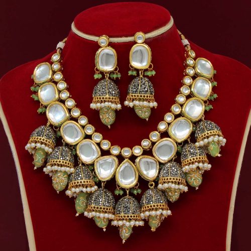 Pista Green Color Kundan Meenakari Necklace Set