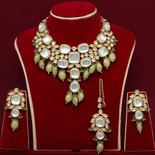 Pista Green Color Kundan Meenakari Necklace Set