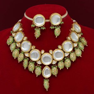 Pista Green Color Kundan Meenakari Necklace Set-0