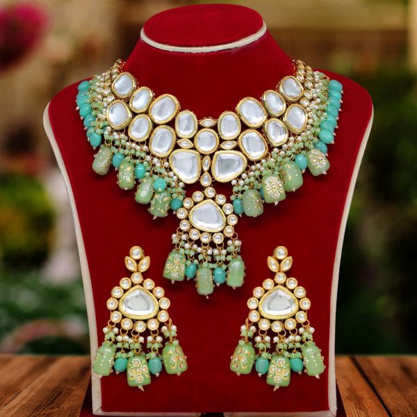 Pista Green Color Kundan Meenakari Necklace Set-0