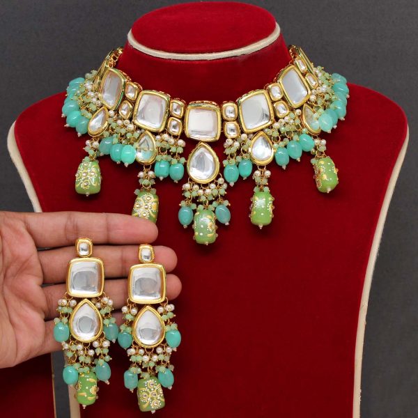 Pista Green Color Kundan Meenakari Necklace Set-0