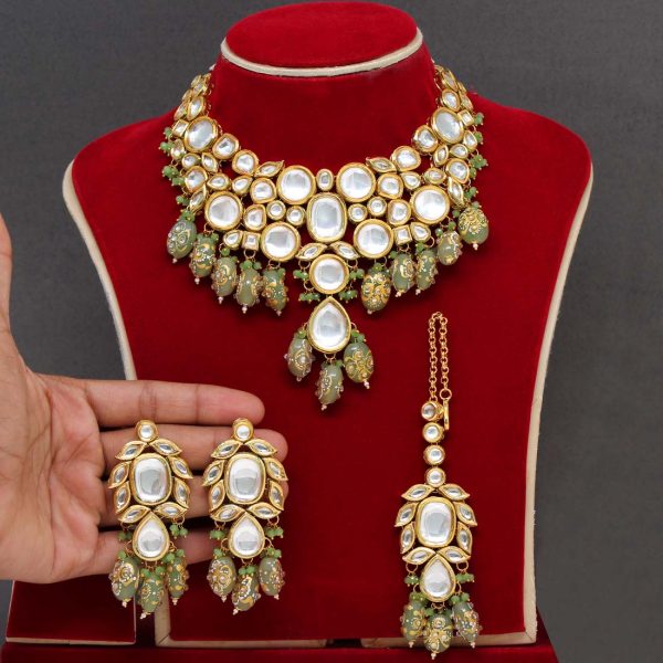 Pista Green Color Kundan Meenakari Necklace Set-0