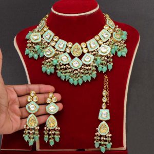 Pista Green Color Kundan Meenakari Necklace Set-0