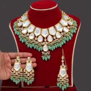 Pista Green Color Kundan Meenakari Necklace Set-0