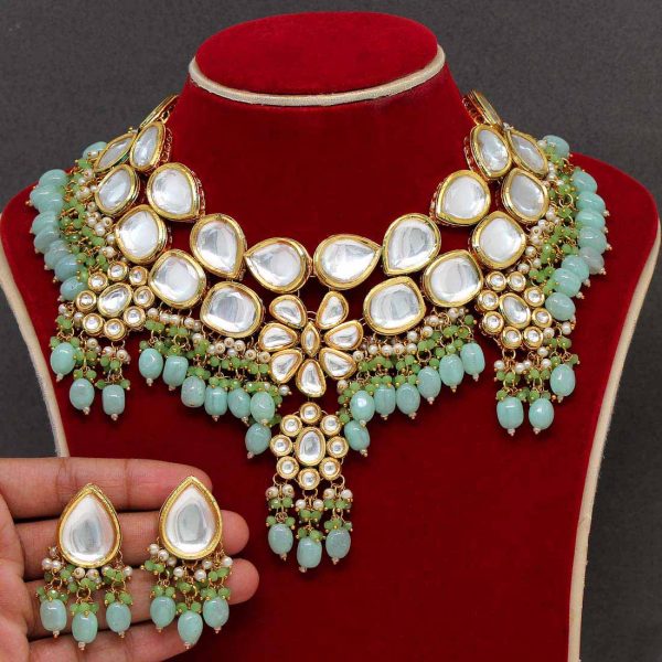 Pista Green Color Kundan Meenakari Necklace Set-0