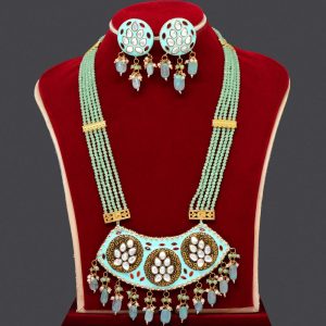 Pista Green Color Kundan Meenakari Necklace Set-0