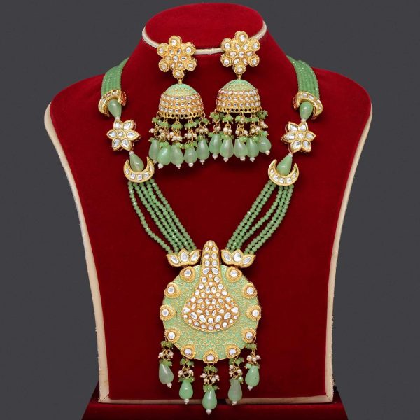 Pista Green Color Kundan Meenakari Necklace Set-0