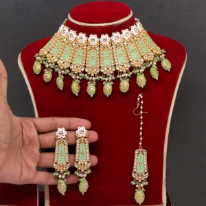 Pista Green Color Kundan Meenakari Necklace Set-0