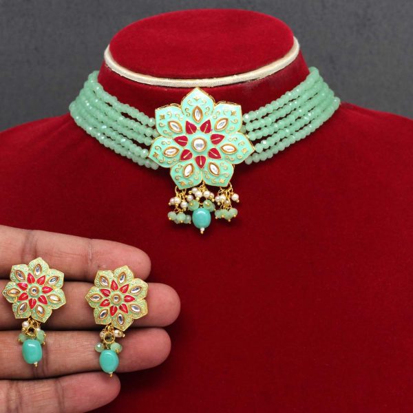 Pista Green Color Kundan Meenakari Necklace Set-0