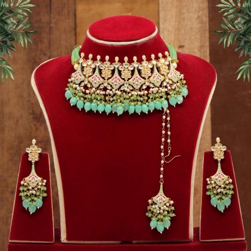 Pista Green Color Kundan Meenakari Necklace Set