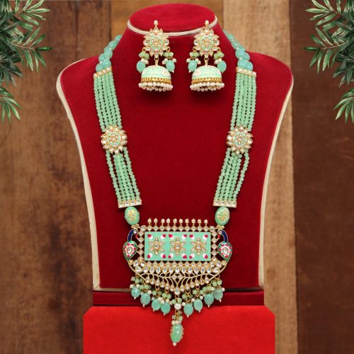 Pista Green Color Kundan Meenakari Necklace Set