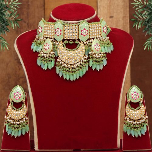 Pista Green Color Kundan Meenakari Necklace Set