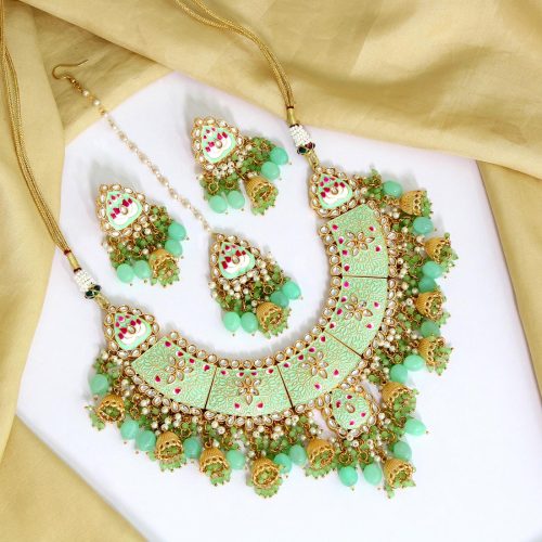 Pista Green Color Kundan Meenakari Necklace Set