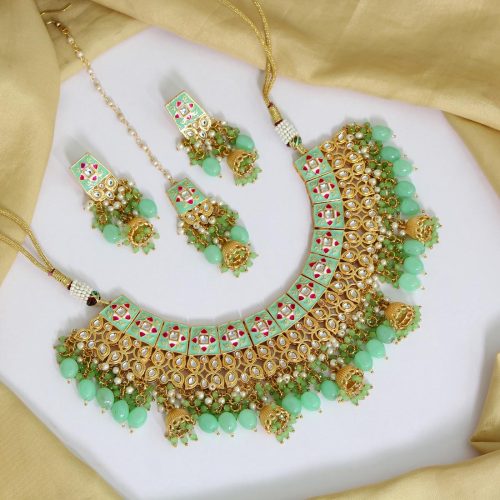 Pista Green Color Kundan Meenakari Necklace Set