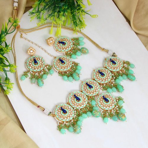 Pista Green Color Kundan Meenakari Necklace Set