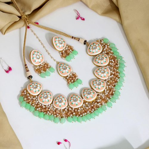 Pista Green Color Kundan Meenakari Necklace Set