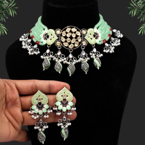 Pista Green Color Kundan Meenakari Necklace Set