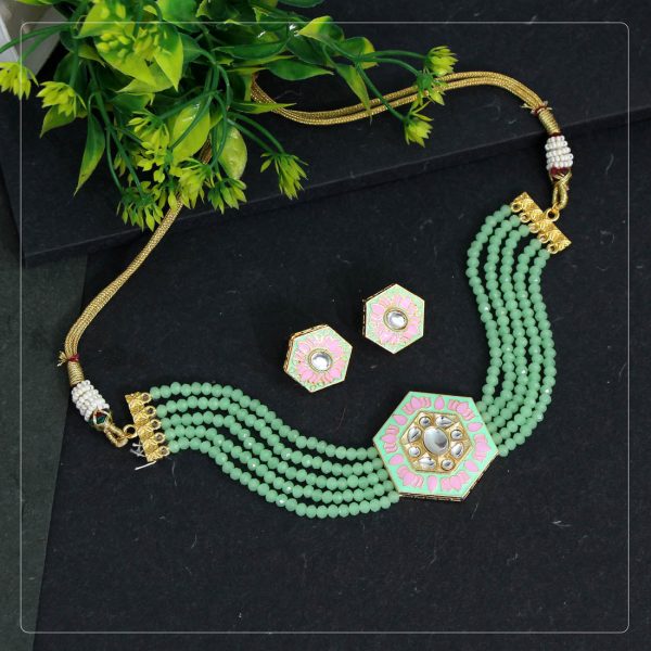 Pista Green Color Kundan Meenakari Necklace Set-16292