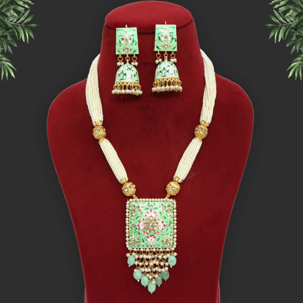 Pista Green Color Kundan Meenakari Necklace Set-0