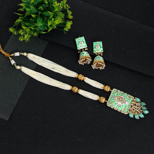 Pista Green Color Kundan Meenakari Necklace Set-16374