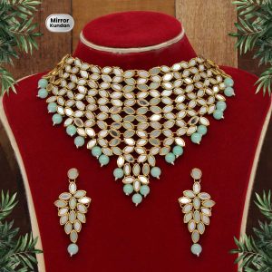 Pista Green Color Kundan Mirror Necklaces Set-0