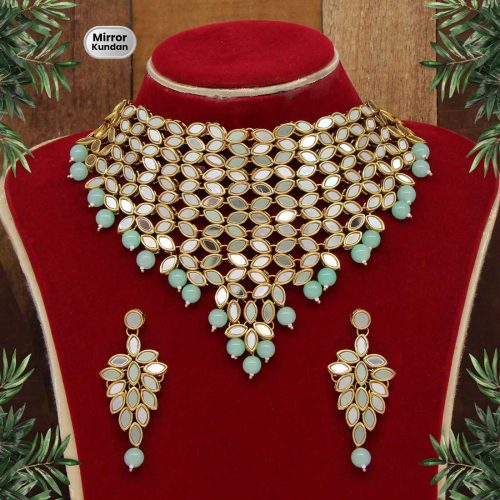 Pista Green Color Kundan Mirror Necklaces Set