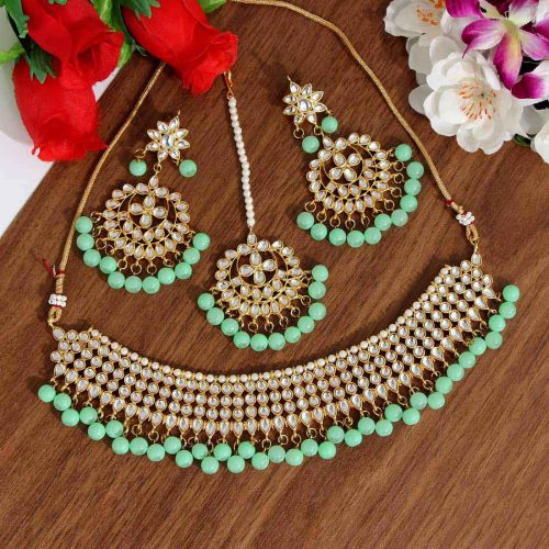 Pista Green Color Kundan Necklace Set