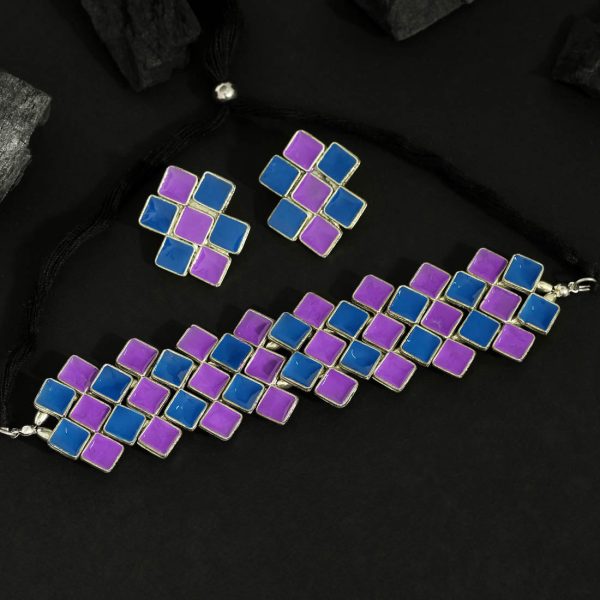 Purole & Blue Color Choker Oxidised Meena Necklace Set-13031