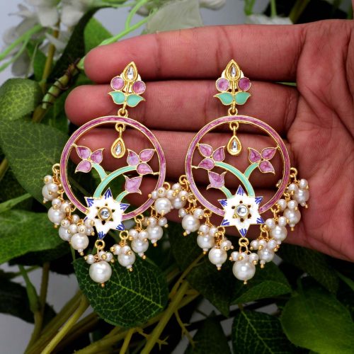 Purple Color Glass Stone Meenakari Earrings