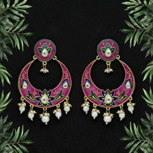 Purple Color Kundan Meenakari Earrings