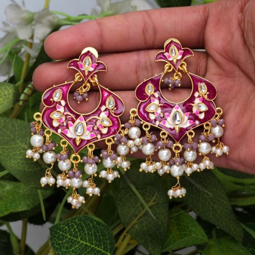 Purple Color Kundan Meenakari Earrings