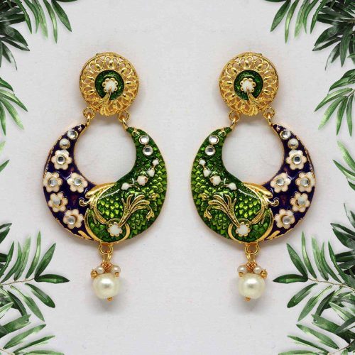 Purple & Green Color Kundan Meenakari Earrings