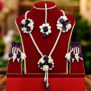 Purple & White Color Synthetic Rose Floral Necklace Set-0