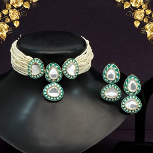 Rama Green Color Choker Kundan Meenakari Necklace Set-0