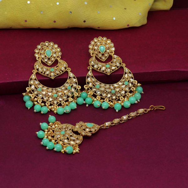 Rama Green Color Kundan Meena Earrings With Maang Tikka-0