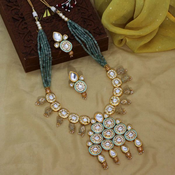 Rama Green Color Kundan Meena Necklace Set-0