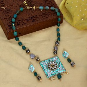 Rama Green Color Kundan Meena Necklace Set-0