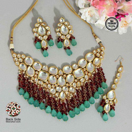 Rama Green Color Kundan Meena Necklace Set