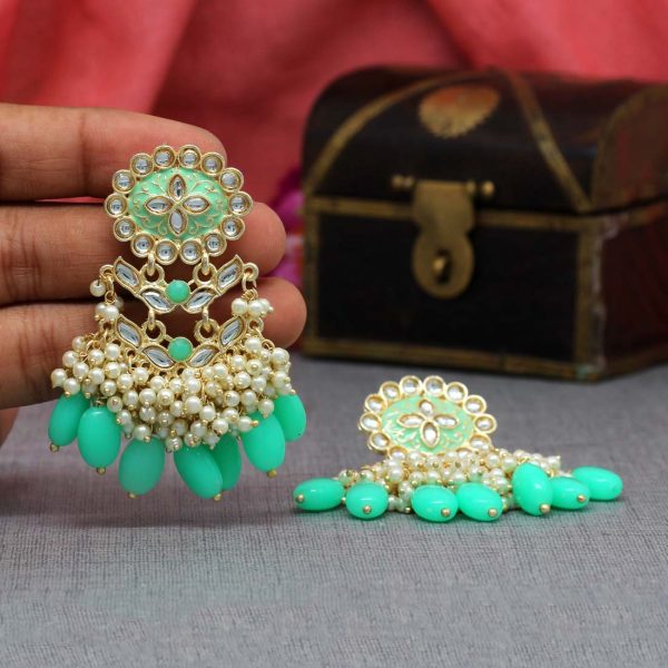 Rama Green Color Kundan Meenakari Earrings-0