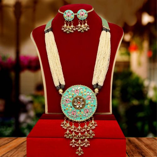 Rama Green Color Kundan Meenakari Necklace Set