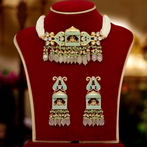 Rama Green Color Kundan Meenakari Necklace Set