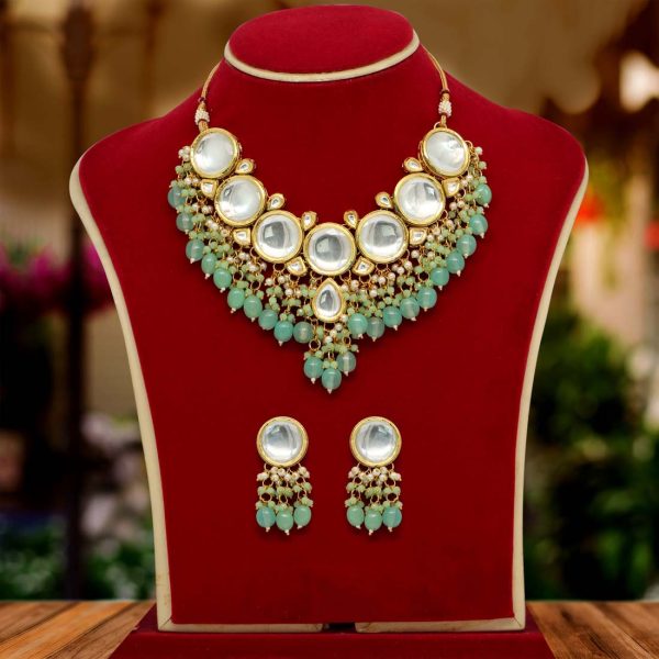 Rama Green Color Kundan Meenakari Necklace Set-0