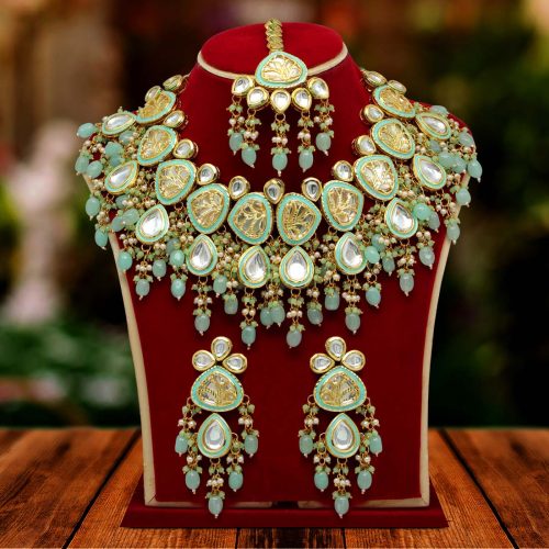 Rama Green Color Kundan Meenakari Necklace Set