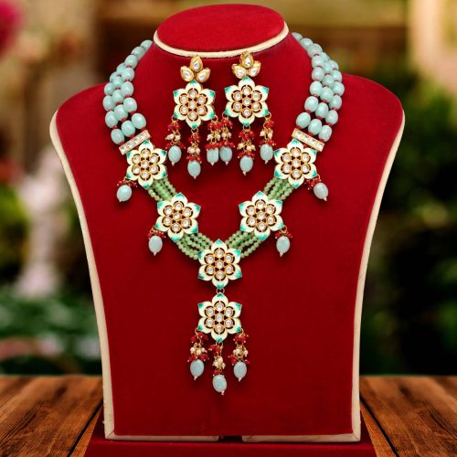 Rama Green Color Kundan Meenakari Necklace Set