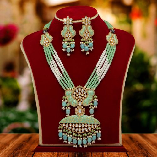 Rama Green Color Kundan Meenakari Necklace Set