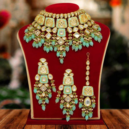 Rama Green Color Kundan Meenakari Necklace Set