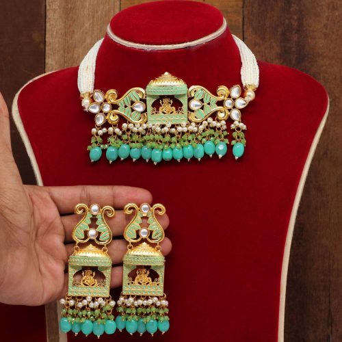 Rama Green Color Kundan Meenakari Necklace Set